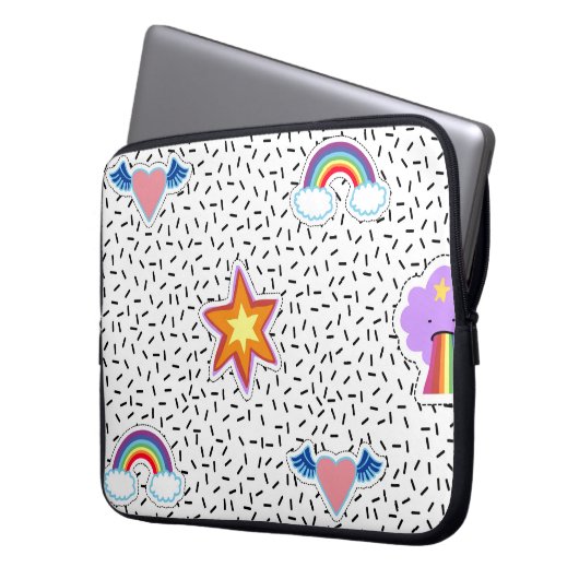 Nahtloser Musterhintergrund mit Patch-Cartoon Laptopschutzhülle (Vorderseite Links)