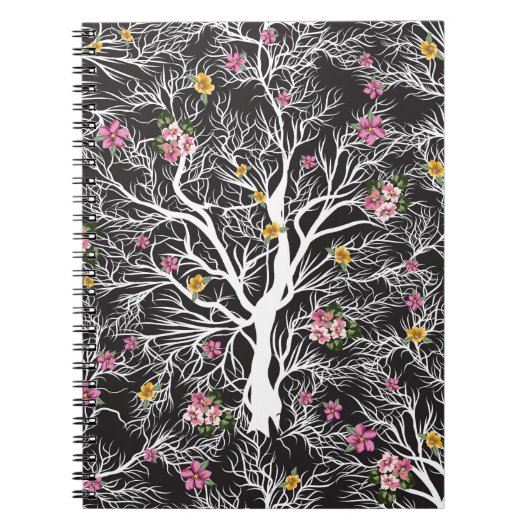 nahtloser Schwarzer Baum mit farbigen Blume Notizblock (Vorderseite)