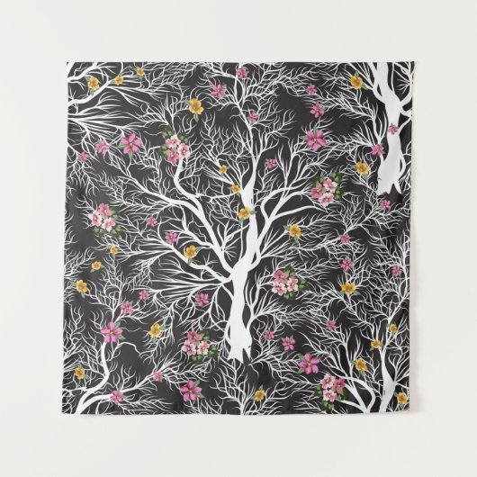 nahtloser Schwarzer Baum mit farbigen Blume Wandteppich (Vorderseite)