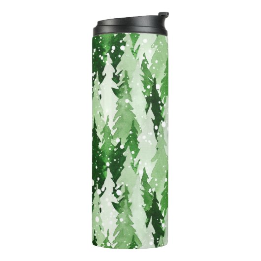 Nahtloses Aquarellmuster mit grünen Kiefern Thermosbecher (Nach links gedreht)