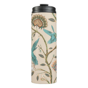 Nahtloses Beige-Muster mit stilisierten Blumen und Thermosbecher