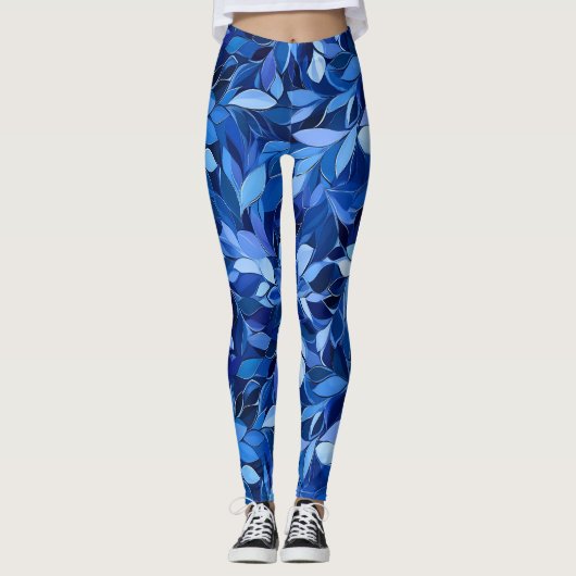 Nahtloses blaues Blumenmuster Leggings (Vorderseite)