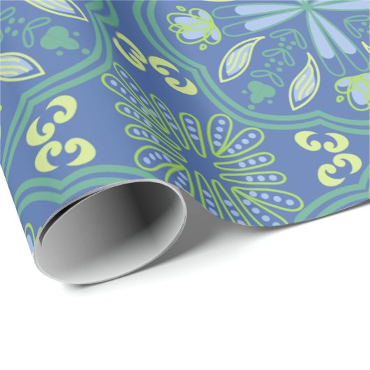 Nahtloses blaues und grünes Blumenmuster Geschenkpapier (Rolleneckpunkt)