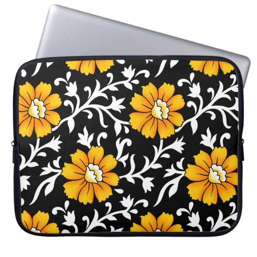Nahtloses Blumenmuster mit schwarzem Hintergrund,b Laptopschutzhülle (Vorderseite)