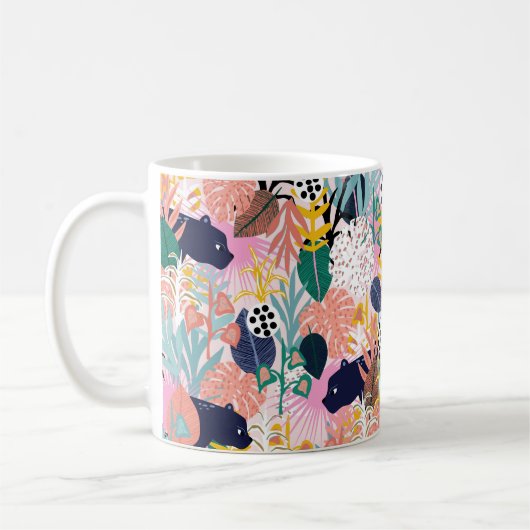 Nahtloses Dschungelmuster mit Panther, farbenfroh Kaffeetasse (Links)