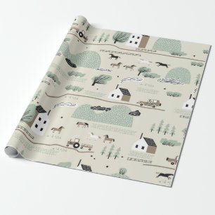 Nahtloses farbiges Muster mit Haus, Bäumen, Pferd Geschenkpapier