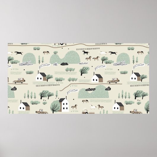Nahtloses farbiges Muster mit Haus, Bäumen, Pferd Poster (Vorne)