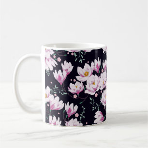 Nahtloses Federmuster mit Magnolien. Kaffeetasse