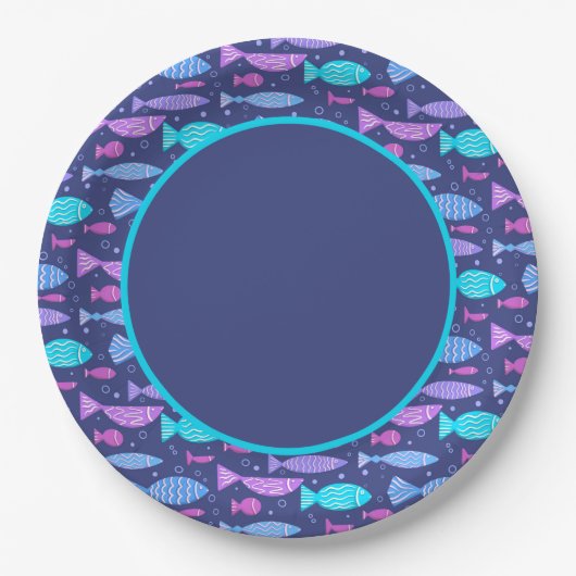 Nahtloses, flaches Muster mit Doodle-Fischen Pappteller (Vorderseite)