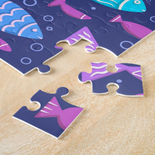 Nahtloses, flaches Muster mit Doodle-Fischen Puzzle