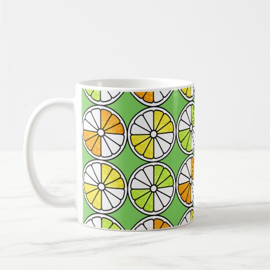 Nahtloses Fruchtmuster. Gemalte Abbildung. Oran Kaffeetasse (Links)