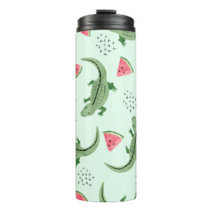 Nahtloses Krokodilmuster mit Wassermelonen-Scheibe Thermosbecher