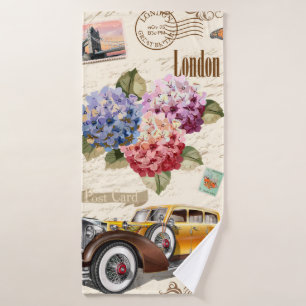 Nahtloses Londoner Vintages Ambiente mit Retroauto Badehandtuch