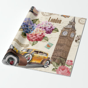 Nahtloses Londoner Vintages Ambiente mit Retroauto Geschenkpapier