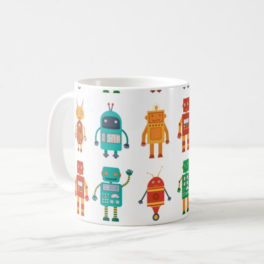 Nahtloses Muster aus bunten Retrobotern in einem f Kaffeetasse (Vorderseite Links)