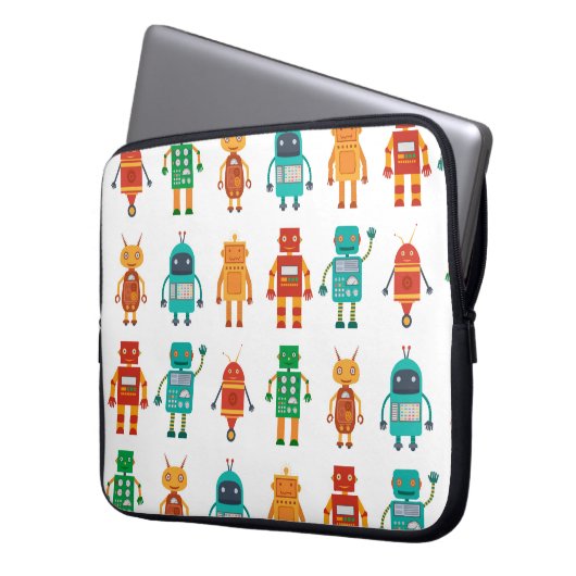 Nahtloses Muster aus bunten Retrobotern in einem f Laptopschutzhülle (Vorderseite Links)