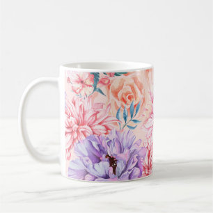 Nahtloses Muster aus Chrysantheme, Rose, Pfingstro Kaffeetasse