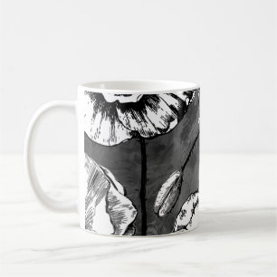 Nahtloses Muster aus schwarzen und weißen Mohnblum Kaffeetasse