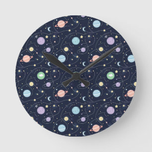 Nahtloses Muster der Planeten des Sonnensystems Runde Wanduhr