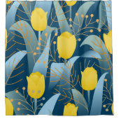 Nahtloses Muster, gelbe Tulpen auf dunkelblauem Rü Duschvorhang (Vorderseite)