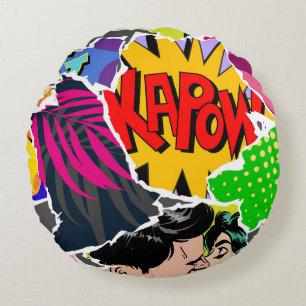 Nahtloses Muster im Pop-Art-Comic-Stil. Collage au Rundes Kissen