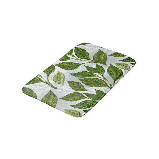Nahtloses Muster mit Blätter aus grünem Tee Badematte (Schrägansicht)