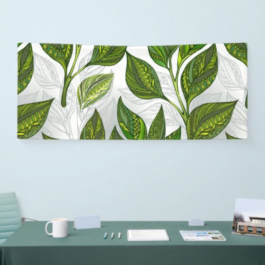 Nahtloses Muster mit Blätter aus grünem Tee Banner (Messe)