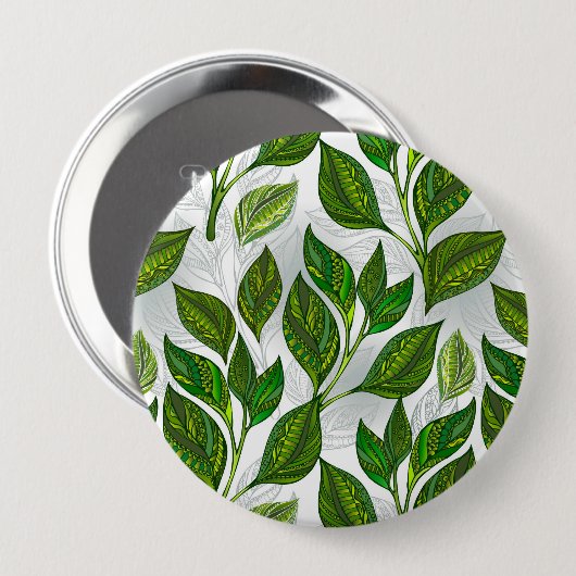Nahtloses Muster mit Blätter aus grünem Tee Button (Vorne & Hinten)