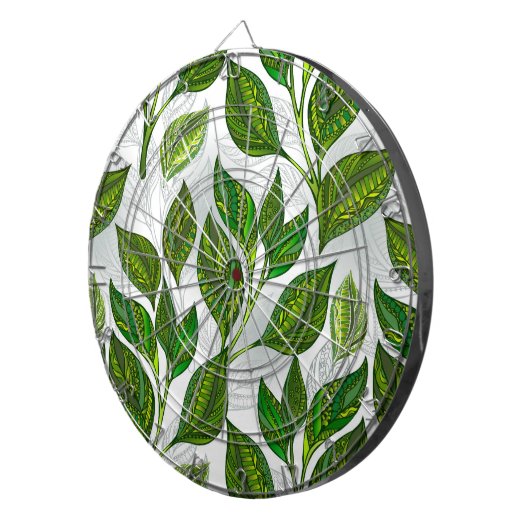 Nahtloses Muster mit Blätter aus grünem Tee Dartscheibe (Vorderseite rechts)