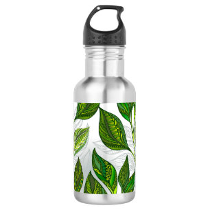 Nahtloses Muster mit Blätter aus grünem Tee Edelstahlflasche