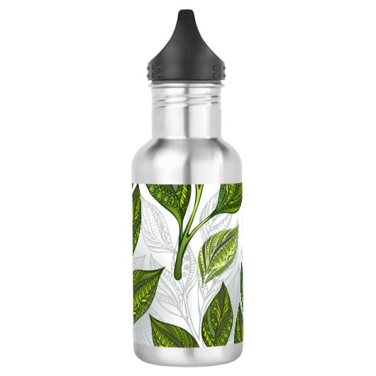 Nahtloses Muster mit Blätter aus grünem Tee Edelstahlflasche (Links)