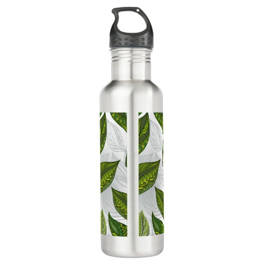 Nahtloses Muster mit Blätter aus grünem Tee Edelstahlflasche (Rückseite)