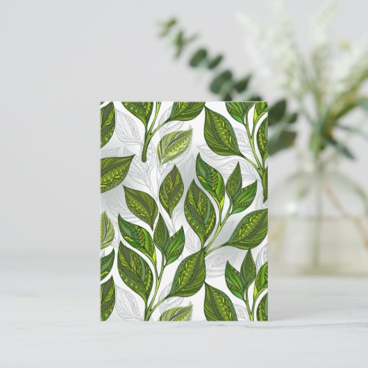 Nahtloses Muster mit Blätter aus grünem Tee Einladungspostkarte (Stehend Vorderseite)