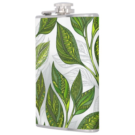 Nahtloses Muster mit Blätter aus grünem Tee Flachmann (Links)