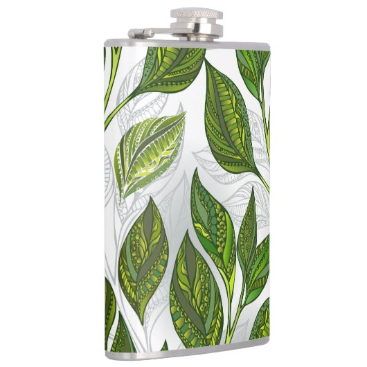 Nahtloses Muster mit Blätter aus grünem Tee Flachmann (Rechts)