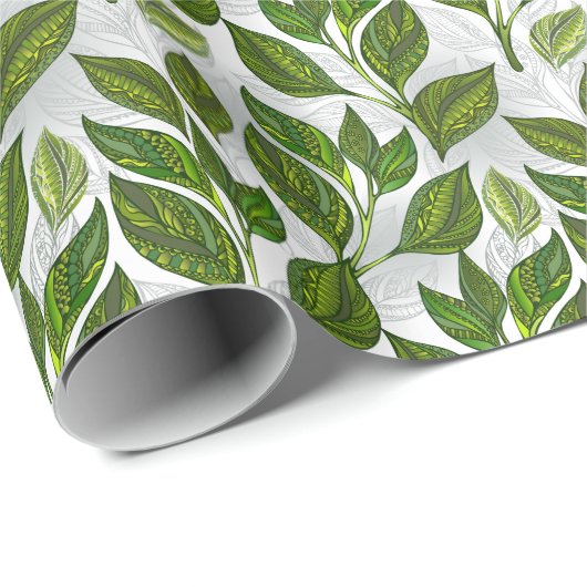 Nahtloses Muster mit Blätter aus grünem Tee Geschenkpapier (Rolleneckpunkt)