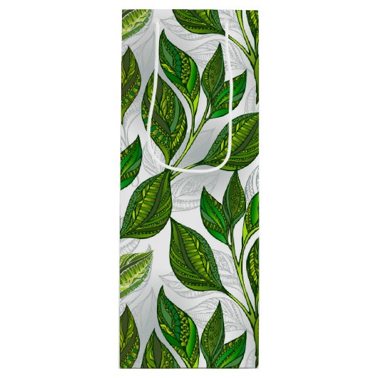 Nahtloses Muster mit Blätter aus grünem Tee Geschenktüte Für Weinflaschen (Vorderseite)