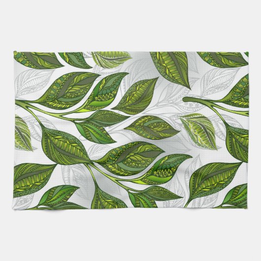 Nahtloses Muster mit Blätter aus grünem Tee Geschirrtuch (Horizontal)