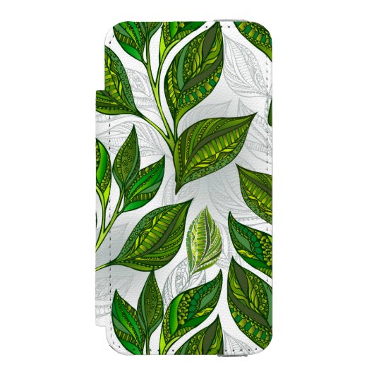 Nahtloses Muster mit Blätter aus grünem Tee Incipio iPhone Geldbeutel-Hülle (Folio Vorderseite)