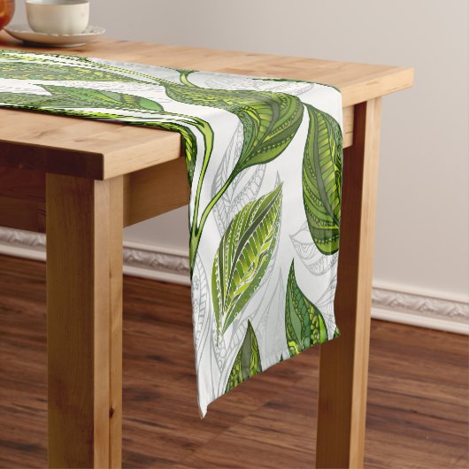 Nahtloses Muster mit Blätter aus grünem Tee Kurzer Tischläufer (Beispiel)