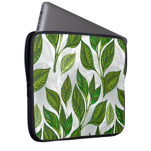 Nahtloses Muster mit Blätter aus grünem Tee Laptopschutzhülle (Vorne Rechts)