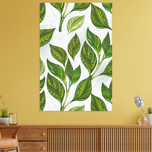 Nahtloses Muster mit Blätter aus grünem Tee Leinwanddruck (Insitu (Wohnzimmer))