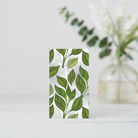 Nahtloses Muster mit Blätter aus grünem Tee Platzkarte (Stehend Vorderseite)