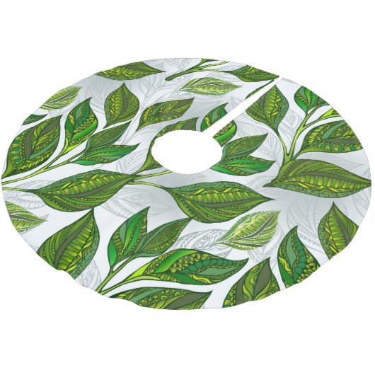 Nahtloses Muster mit Blätter aus grünem Tee Polyester Weihnachtsbaumdecke (Schrägansicht)