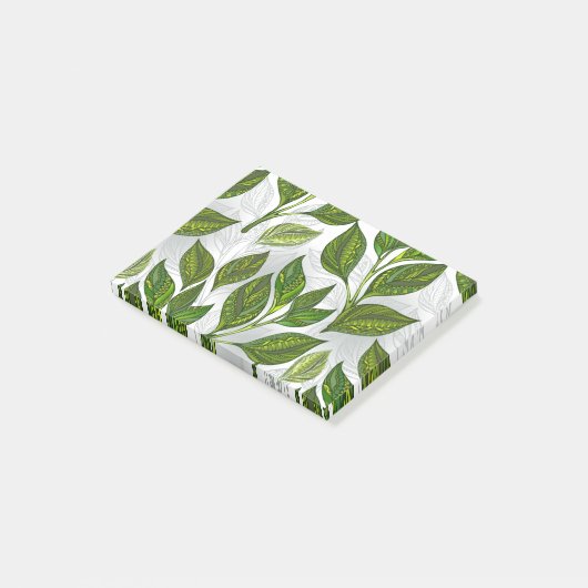 Nahtloses Muster mit Blätter aus grünem Tee Post-it Klebezettel (angewinkelt)