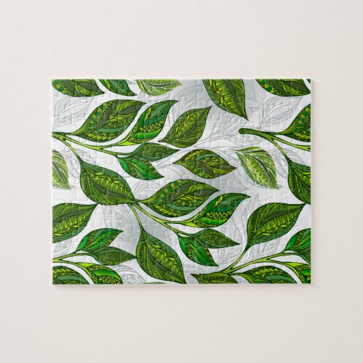 Nahtloses Muster mit Blätter aus grünem Tee Puzzle (Horizontal)