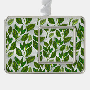 Nahtloses Muster mit Blätter aus grünem Tee Rahmen-Ornament Silber