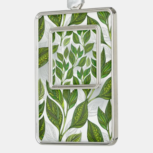 Nahtloses Muster mit Blätter aus grünem Tee Rahmen-Ornament Silber (Links)