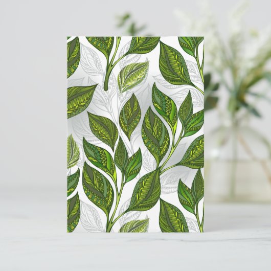 Nahtloses Muster mit Blätter aus grünem Tee Save The Date (Stehend Vorderseite)