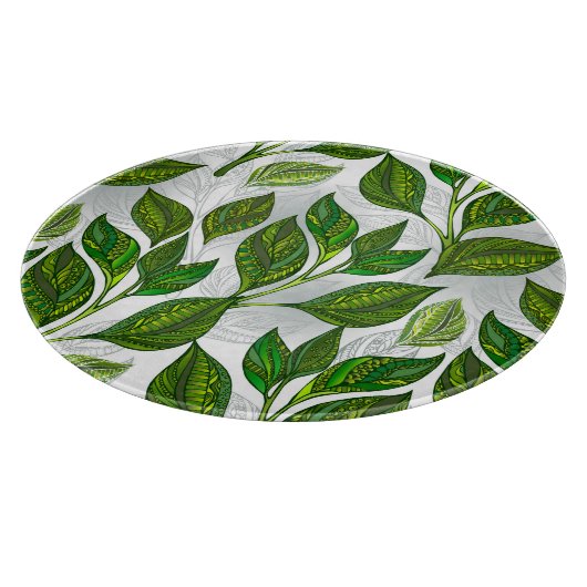 Nahtloses Muster mit Blätter aus grünem Tee Schneidebrett (Ecke)